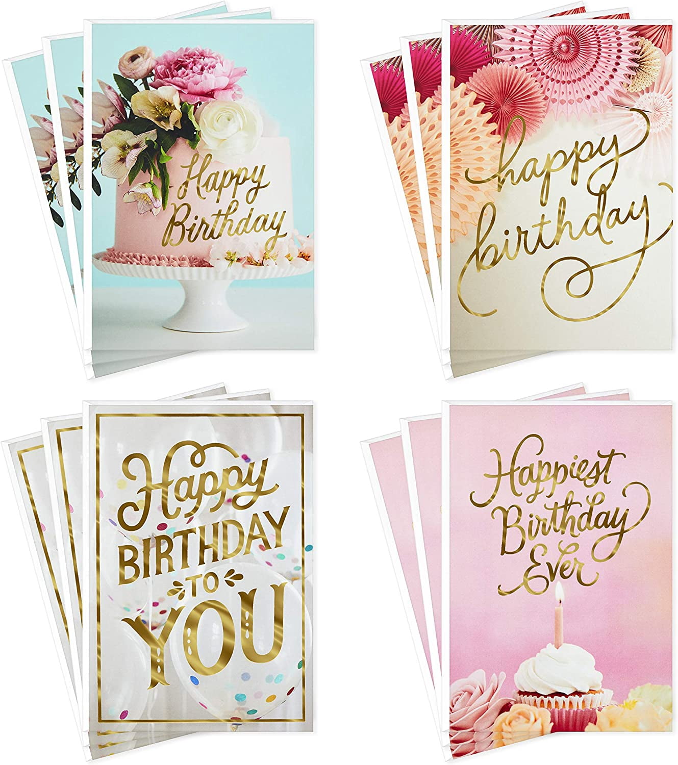 Birthday Cards Assortment, Balloons, Cake, Flowers (12 with Envelopes)