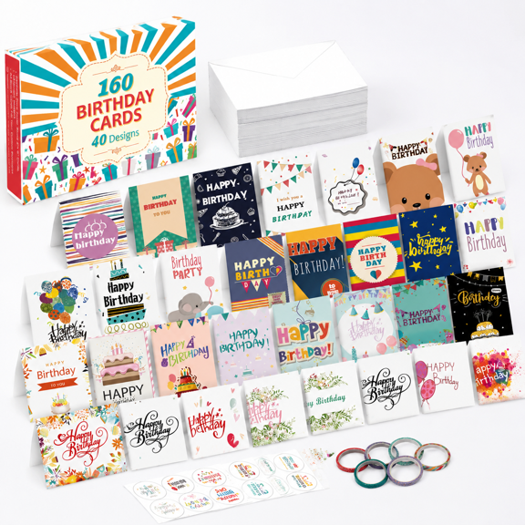 Birthday Cards Bulk 160 Pack 40 Designs With Envelopes, Stickers, Washi Tapes For Family Friends