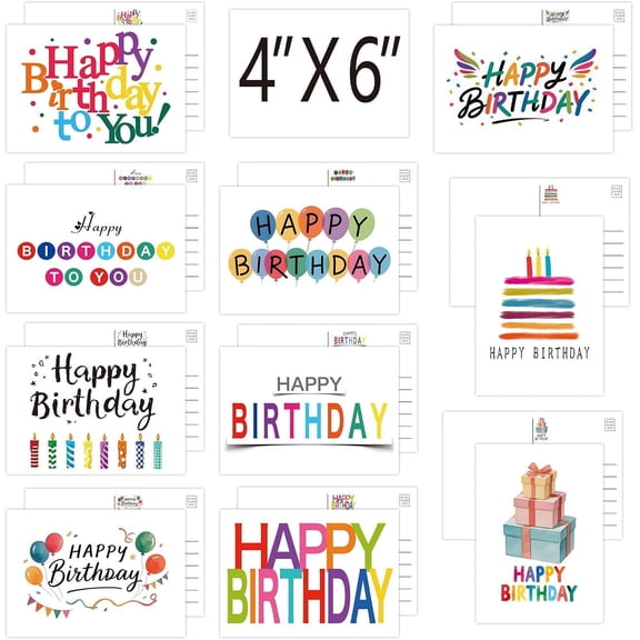 Birthday Cards Bulk Pack 100 Assorted Happy Birthday Cards, 10 Unique Designs, 4x6 Inch Thick Postcards, Blank Inside for Men, Women, Kids,Office & Famil