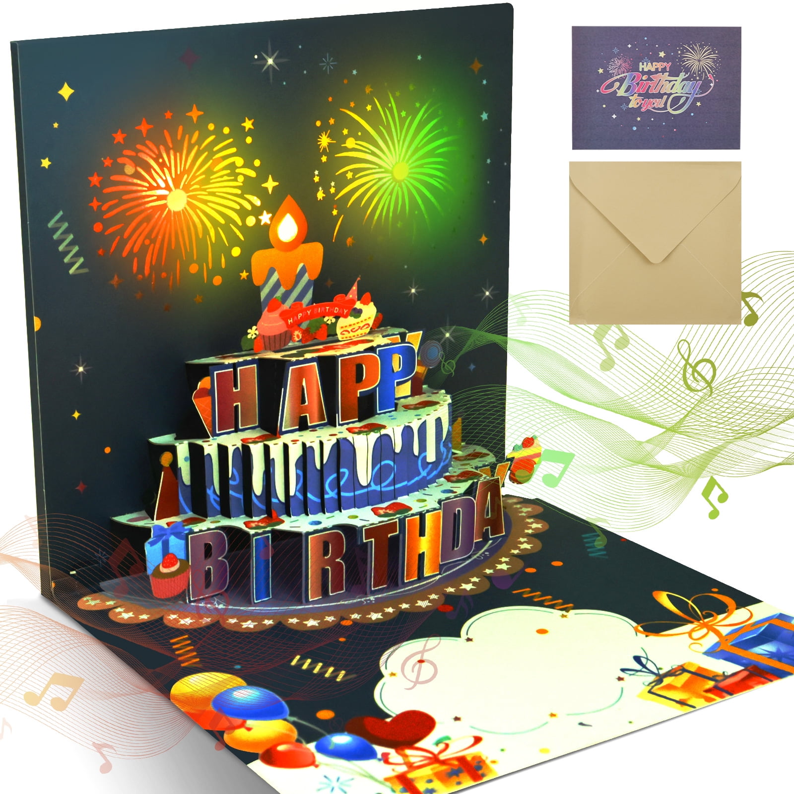 Birthday Cards Fireworks Pop Up Cake LIGHTS & SOUND Pop up Happy ...