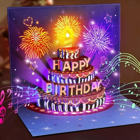 Birthday Cards Fireworks Up Cake Light and Music Happy Birthday Card Gift for Women, Men, Mom, Grandma