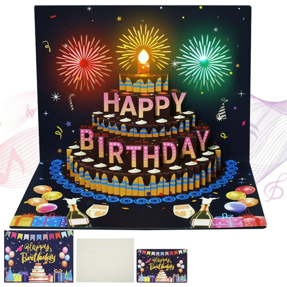 Birthday Cards, LIGHTS & SOUND Pop up Happy Birthday Card Birthday Gifts Colorful 3D Birthdays Pop Up Card for Women Men Husband Wife Sister Friends Kids-Black