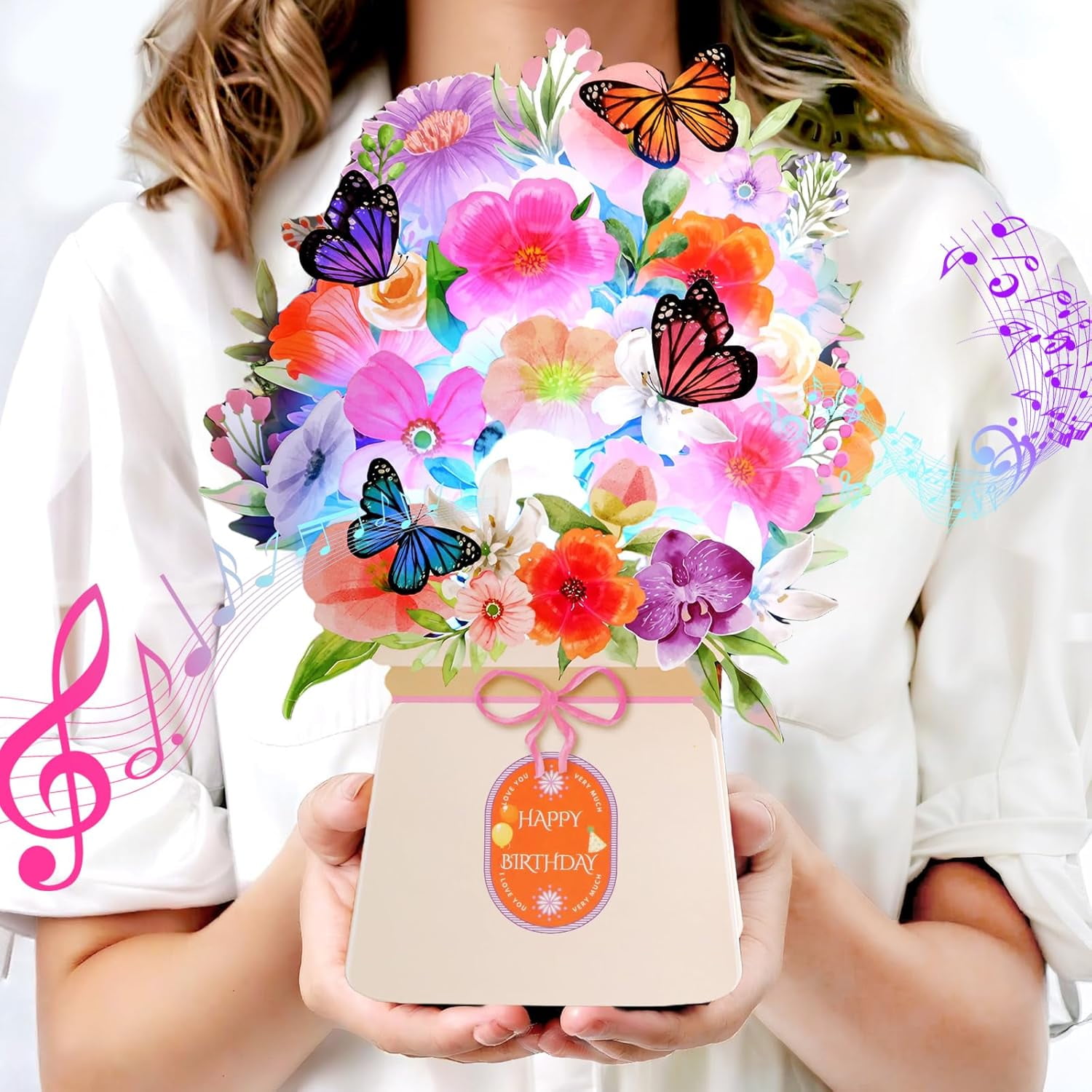 Birthday Cards, Light and Music Happy Card, Lily Butterflies, 10 Inch Life Sized Forever Flower Bouquet 3D Pop Up Gift Card for Women Wife Mom Daughter Sister