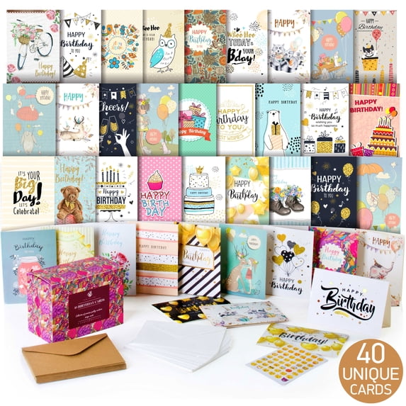 Birthday Cards Unique Designs 5x7 Glitter Embossed Premium 300 GSM 40 Pack
