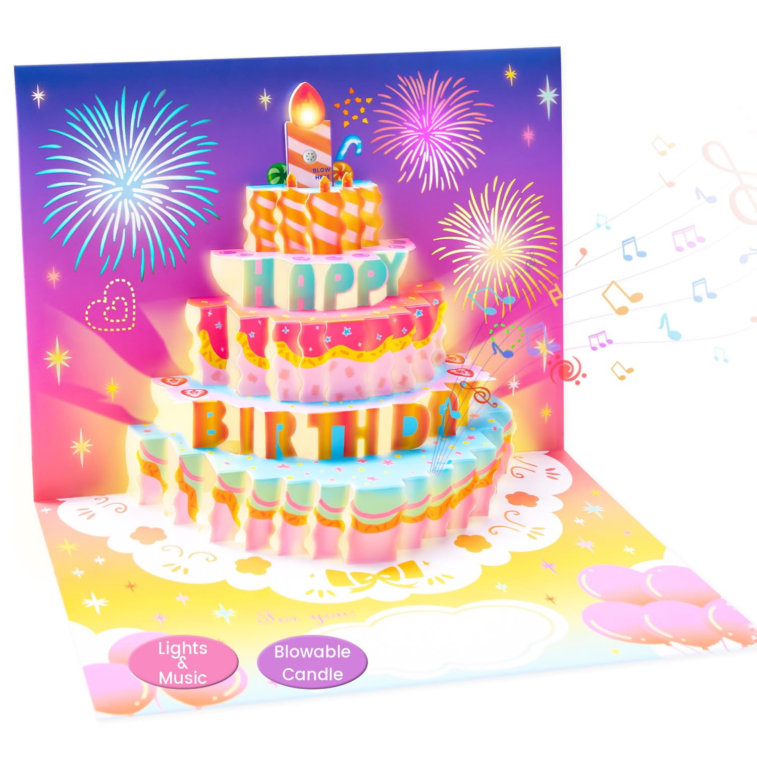 GQDIN Fireworks Birthday Cards, 3D Pop Up Blowable Cake Greeting Cards With Lights Music, Happy Birthday Gifts For Women Men Kids Mom Dad Grandma - View #8