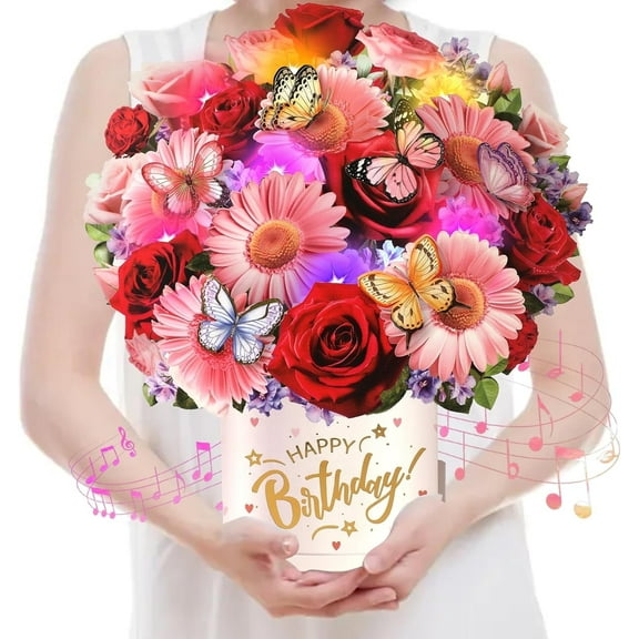 Birthday Card with Music and Lights Featuring Roses, Daisies, and Butterflies