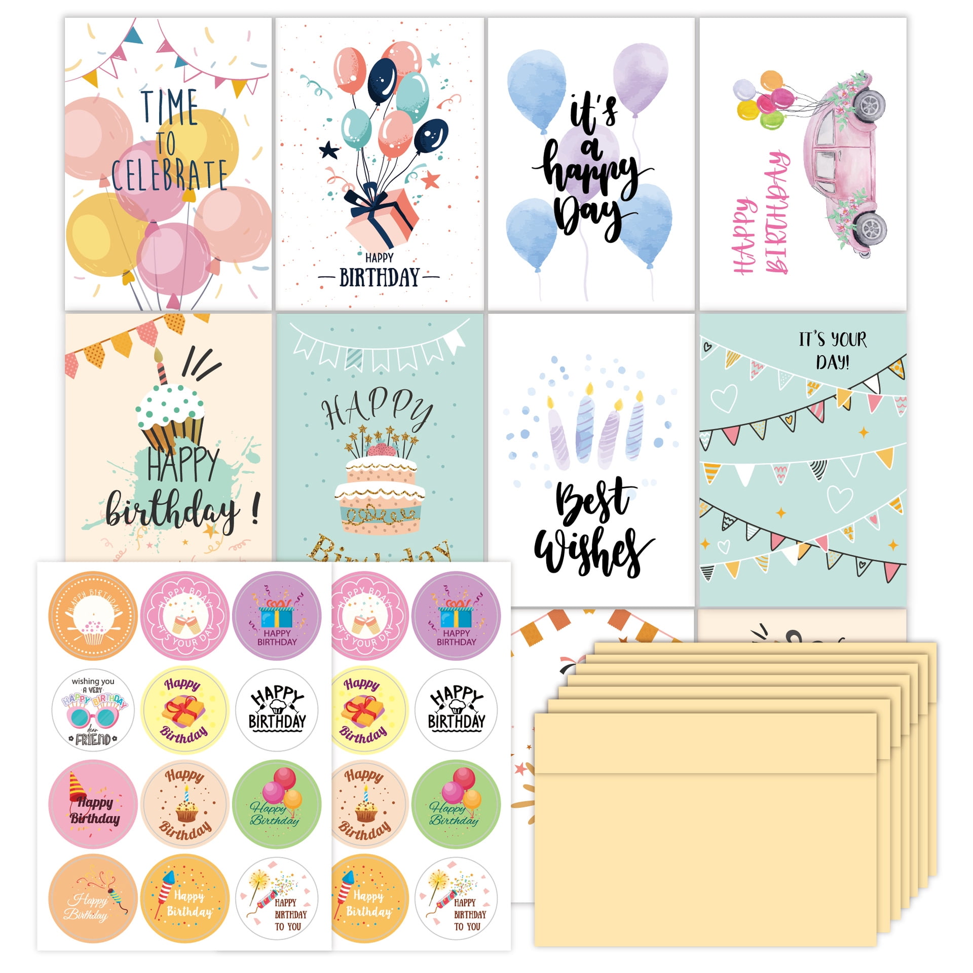 Birthday Cards with Envelopes and Stickers, Bulk Greetings Cards Perfect for Adults Children (24 Cards, 24 Envelopes, 2 Sheet Stickers)