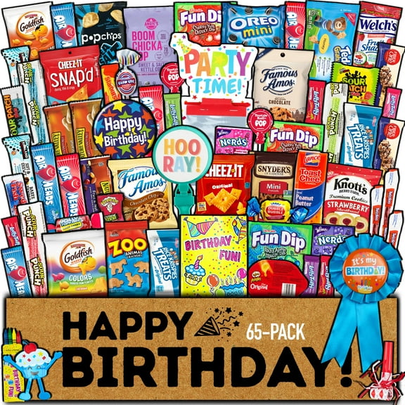 Birthday Care Package (65 OKA4Count) Snacks Cookies Chocolate Bar Chips Candy Party Variety Gift Box Pack Assortment Basket Bundle Mix Treat College Students Kids Teens
