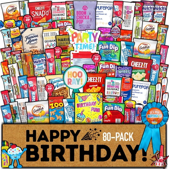 Birthday Care Package (80 Count) Snacks Food Cookies Chocolate Bar Chips Candy Party Variety Gift Box Pack Assortment Basket Bundle Mix Bulk Sampler