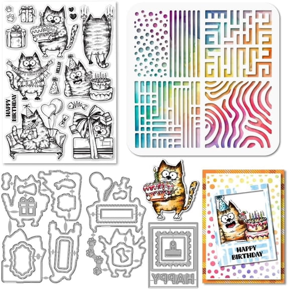 Birthday Cat Clear Stamps Funny Cat Cutting Dies PET Paint Craft Stencils for Card Making DIY Embossing Scrapbooking Craft Mixed Color