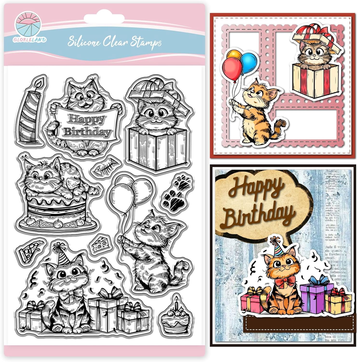 GLOBLELAND Katzen im Anime-Stil Klare Stempel für DIY Scrapbooking Dekor Segen Text Tiere Transparente Silikonstempel zum Erstellen von Karten Fotoalbum Dekor 148x21x3mm