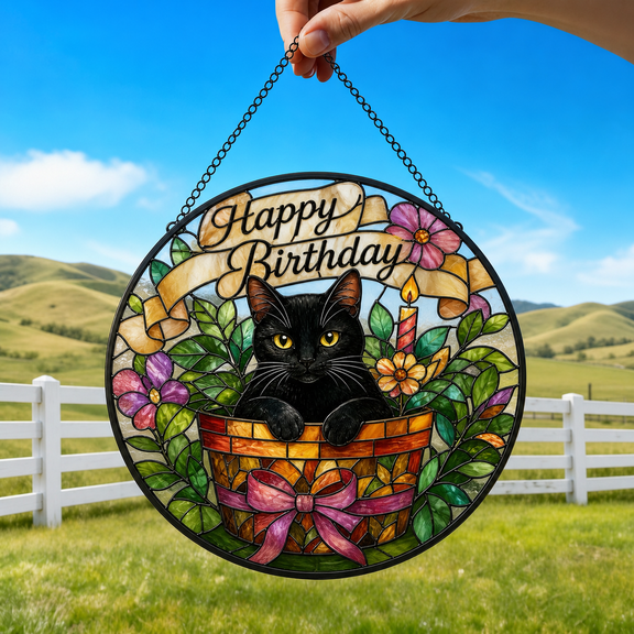 Birthday Cat Stained Glass Suncatcher Window Hanging Acrylic Gift for Cat Lovers