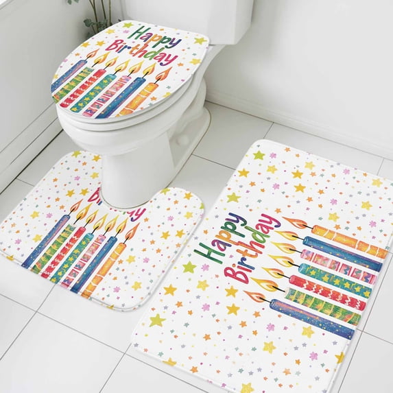 Birthday Celebration Bathroom Rugs Set Colorful Candles Non Slip Absorbent Soft Bath Mats 3 Piece Set with Bathroom Rug, U-Shaped Floor Mat, Toilet Seat Cover Small Size