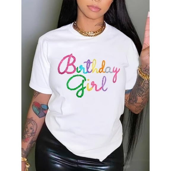 Birthday Celebration Graphic Tee Top Colorful Print Breathable Crew Neck Short Sleeve White S-5XL