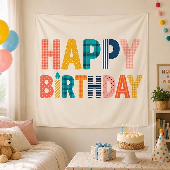 Birthday Celebration Linen-Style Fabric Tapestry, Colorful Party Backdrop and Wall Decor for Birthday Celebration and Photo Booth
