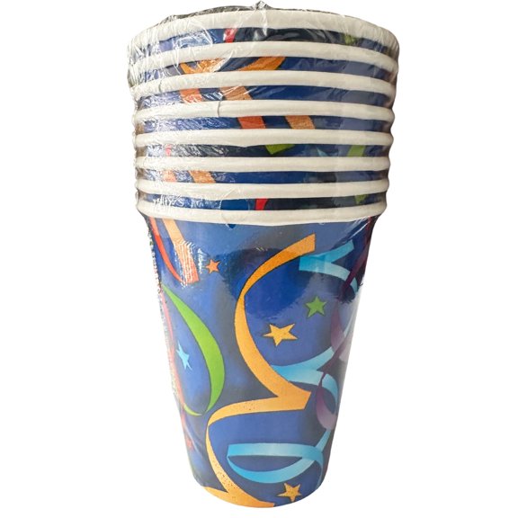 Birthday Celebration Streamers Disposable Paper Cups, 9oz, Multicolor, 8 Count (8 Pack)