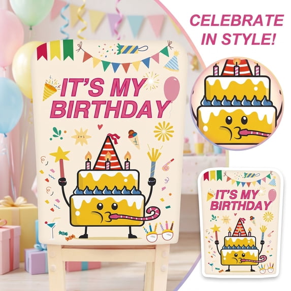 Birthday Chair Cover for Classroom for Kids Party Decorations, Happy Birthday Seat Cover, Colorful Cake Balloon Pattern Chair Decoration for Birthday Party Home Office Decorations