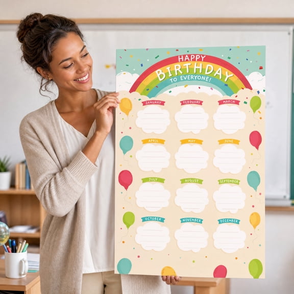 Birthday Chart for Classroom 17X11 Inch Rainbow Confetti Design, 4 Pack Classroom Birthday Poster Set for Elementary Student Bulletin Board Wall Decor Back to School Supplies