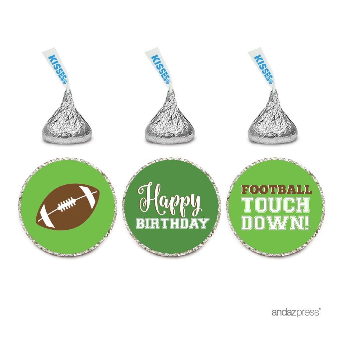 ANDAZ PRESS Birthday Chocolate Drop Labels Trio, Fits Hershey's Kisses Party Favors, Football Touchdown! Party, 216-Pack