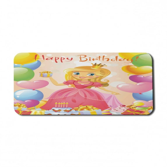 Birthday Computer Mouse Pad, Birthday Girl Princess Themed Image with Hearts and Balloons Image, Rectangle Non-Slip Rubber Mousepad X-Large, 35" x 15" Gaming Size, Multicolor, by Ambesonne