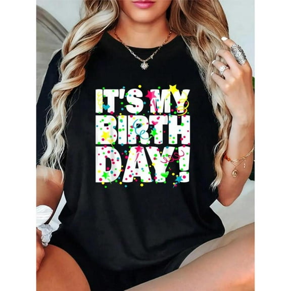 Birthday Confetti Graphic Celebration Tee T Shirt Tops Comfortable Short Sleeve Round Neck Black S-5XL