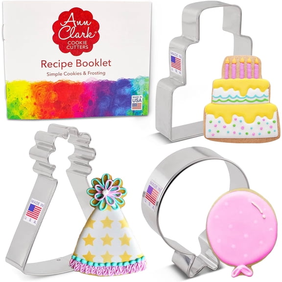 Birthday Cookie Cutters 3-Pc. Set Made in USA by Ann Clark, Cake, Hat, Balloon