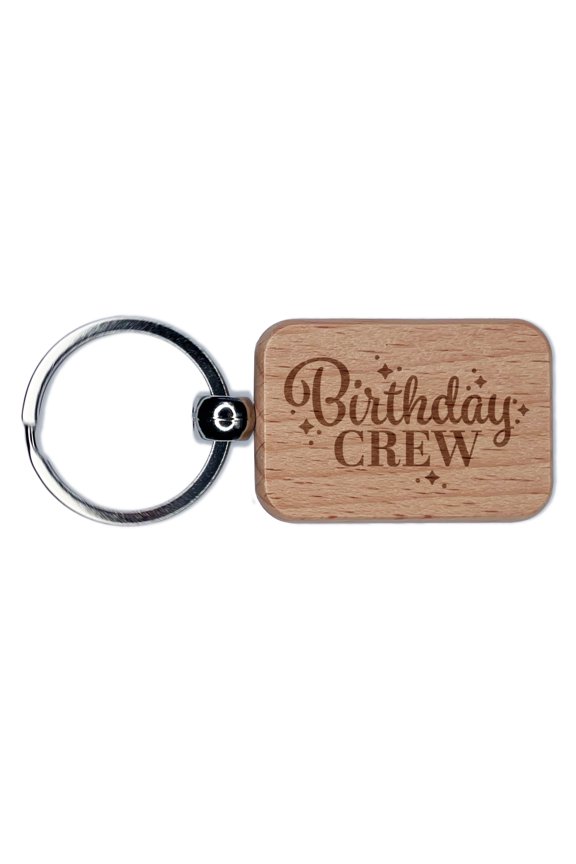 Birthday Crew Celebration Stars and Dots Rectangle Keychain Charm Tag - Engraved Wood