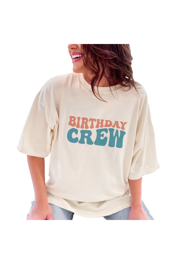 Birthday Crew, Groovy Retro Wavy Text, Ivory Comfort Colors T-Shirt, Medium