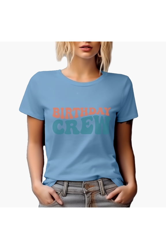 Birthday Crew, Groovy Retro Wavy Text Merch Gift, Baby Blue T-Shirt, Medium