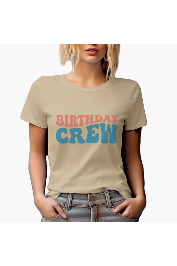 Birthday Crew, Groovy Retro Wavy Text Merch Gift, Tan T-Shirt, Large