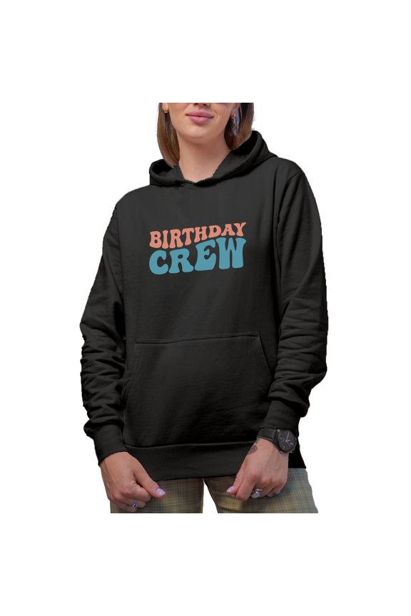 Birthday Crew, Party Themed, Groovy Retro Wavy Text Merch Gift, Black Hooded Sweatshirt or Hoodie, Large