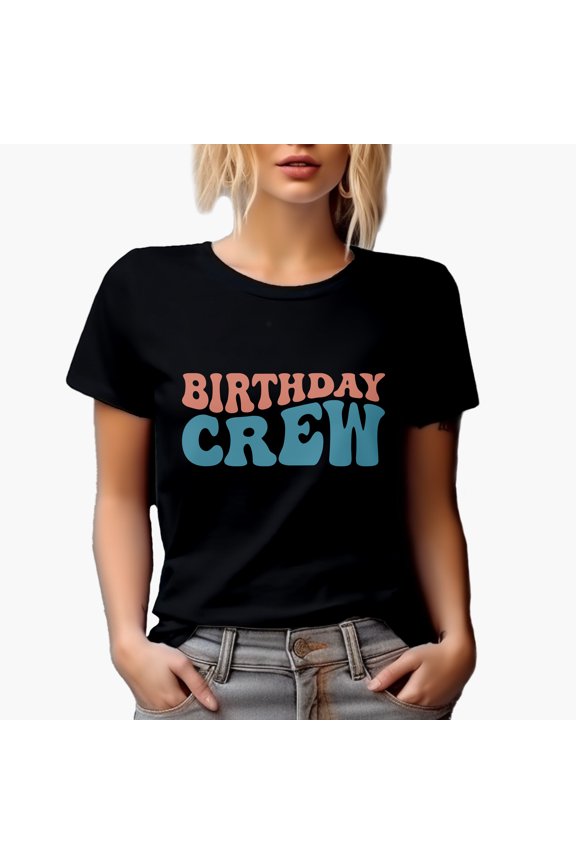 Birthday Crew, Party Themed, Groovy Retro Wavy Text Merch Gift, Black T-Shirt, Medium