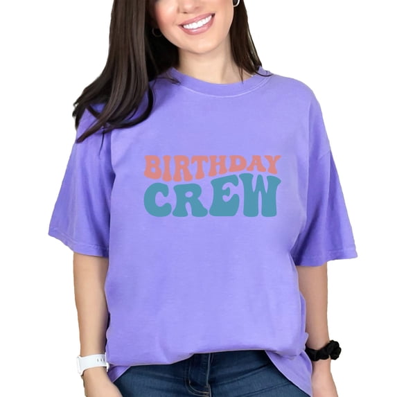 Birthday Crew, Party Themed, Groovy Retro Wavy Text, Violet Comfort Colors T-Shirt, XL