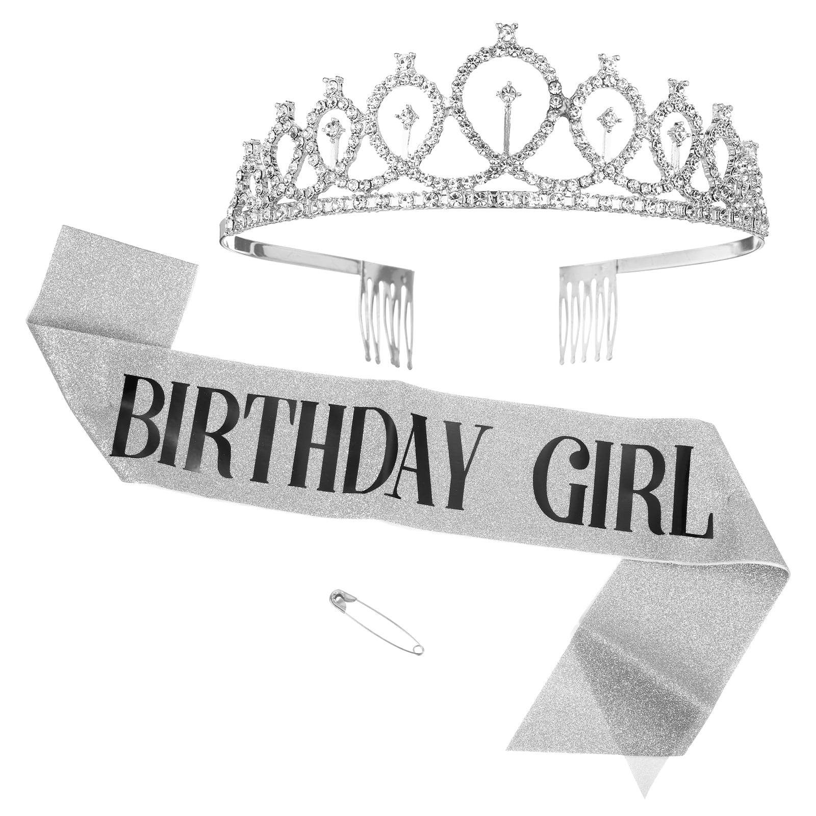 Silver Crystal Birthday Girl Tiara with Glitter Sash