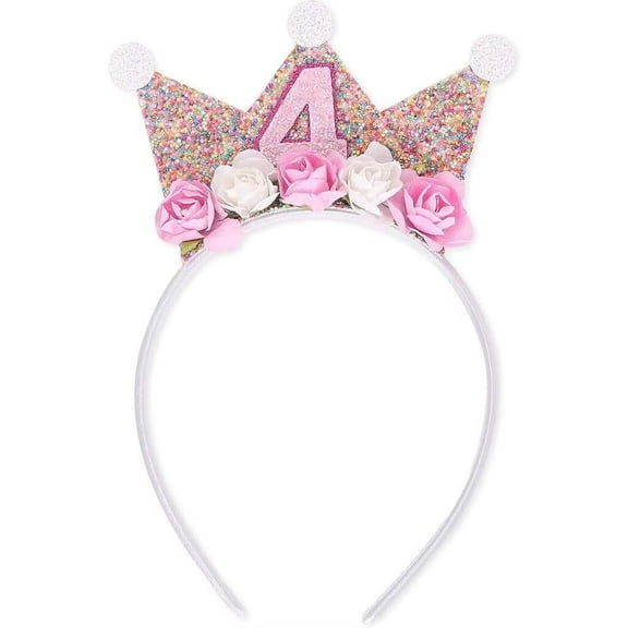 Birthday Crown For Kids,Party Crown Hat Cap,4th Happy Birthday Decorations Headbands Glitter Hair Band 4 Year Old Flower Princess Tiara Party Hair Accessory For Celebration