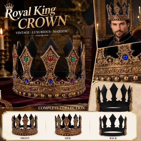 Birthday Crown for Men Mardi Gras Crown Antique Gold Gem Accent Gold Decorations for Party Themed Dress Up Accessory for Masquerade Medieval Carnival Events 1 Piece