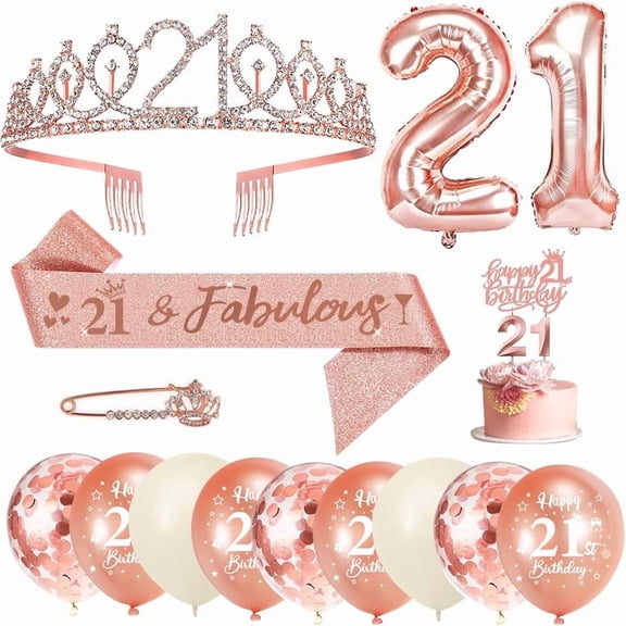 Birthday Crown Sash Women,Rose Gold Birthday Crown Tiara Rhinestone Headband Rose Gold Balloons Cake Topper for 21th Birthday Party Decorations Women Girls
