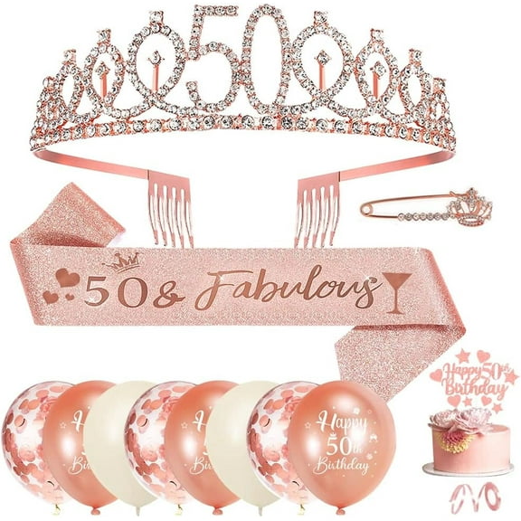 Birthday Crown Sash Women,Rose Gold Birthday Crown Tiara Rhinestone Headband Rose Gold Balloons Cake Topper for 50th Birthday Party Decorations Women Girls
