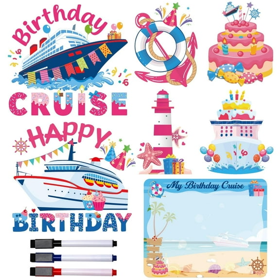 7 Pcs Birthday Cruise Door Magnets Decorations Funny Cruise Ship Door Stickers Reusable Magnet for Happy Birthday Cabin Ship Carnival Refrigerator Office Car Accessories