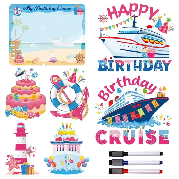 Birthday Cruise Door Magnets - 7 PCs Happy Birthday Magnet Stateroom Pink Decorations Magnetic Ship Cabin Stickers for Girl Car Refrigerator Accessories Carnival Decals Party Decor with Pens