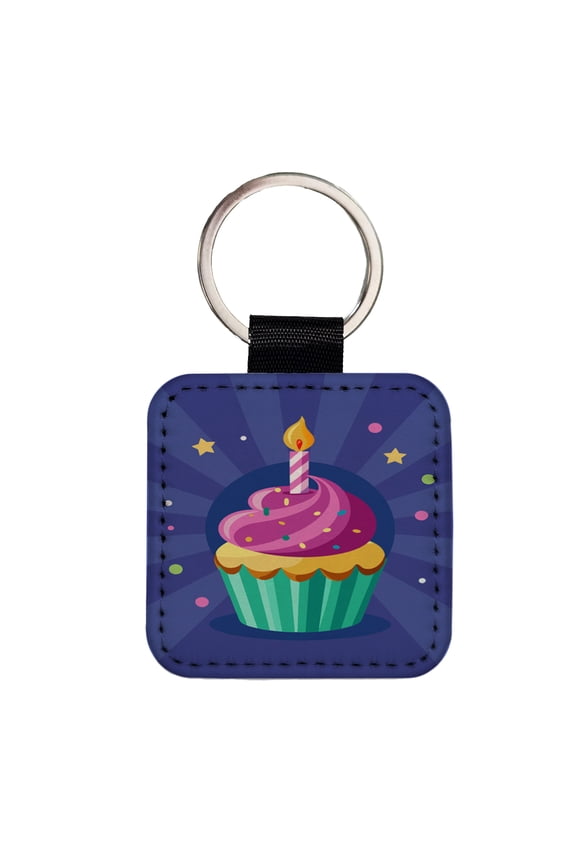 Birthday Cupcake with Candle Faux Leather Square Keychain