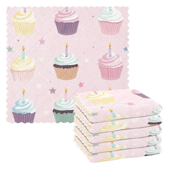 Birthday Cupcakes Candles Stars Dish Cloths Dish Towels Cleaning Cloths Quick Drying Reusable 11" x 11" Set of 6