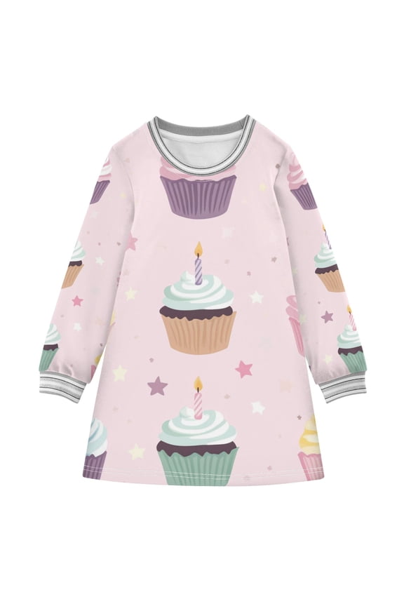 Birthday Cupcakes Candles Stars Long-sleeved Dress A-line One-Piece Dress for 2-8 Years Casual Party 2T