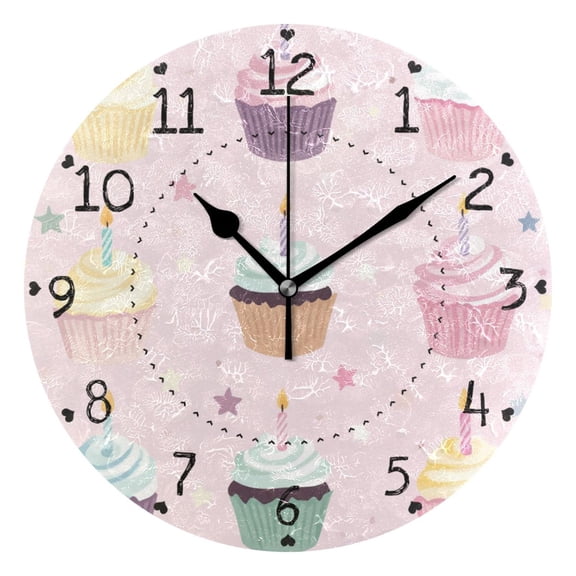 Birthday Cupcakes Candles Stars Round Wall Clock Silent Analog Battery Operated Black Pointer Home Decor 9.84" Diameter