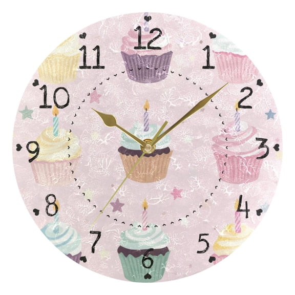 Birthday Cupcakes Candles Stars Round Wall Clock Silent Analog Battery Operated Gold Pointer Home Decor 9.84" Diameter