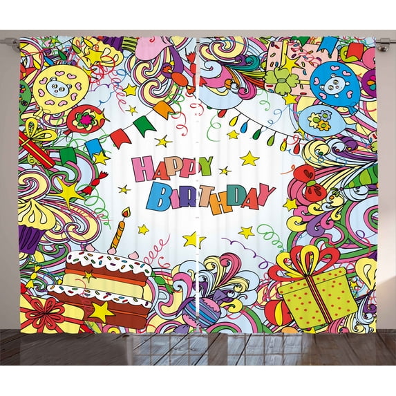 Ambesonne Colorful Curtains 2 Panel Set, Colorful Cartoon Party, 108" x 96", Multicolor