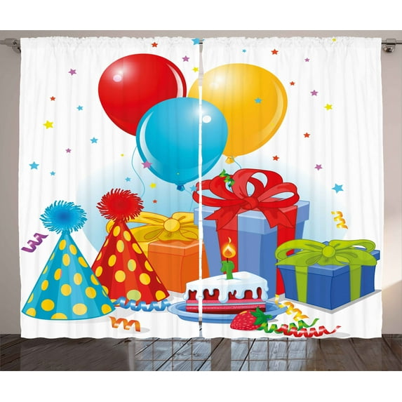 Ambesonne Party Curtains 2 Panel Set, Pie Hats Presents Ballons, 108" x 63", Multicolor