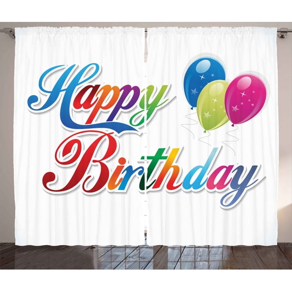 Ambesonne Birthday Curtains 2 Panel Set, Modern Writing Balloon, 108" x 96", Multicolor