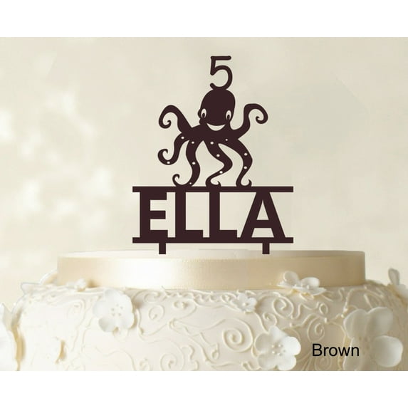 """Birthday Custom Name Cake Topper"" With Octopus Figure Brown Cake Topper Cake Decorations Color Option Available 6""-7"" Inches Wide"