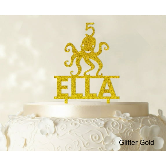 """Birthday Custom Name Cake Topper"" With Octopus Figure Glitter Cake Topper Cake Decorations Color Option Available 6""-7"" Inches Wide"